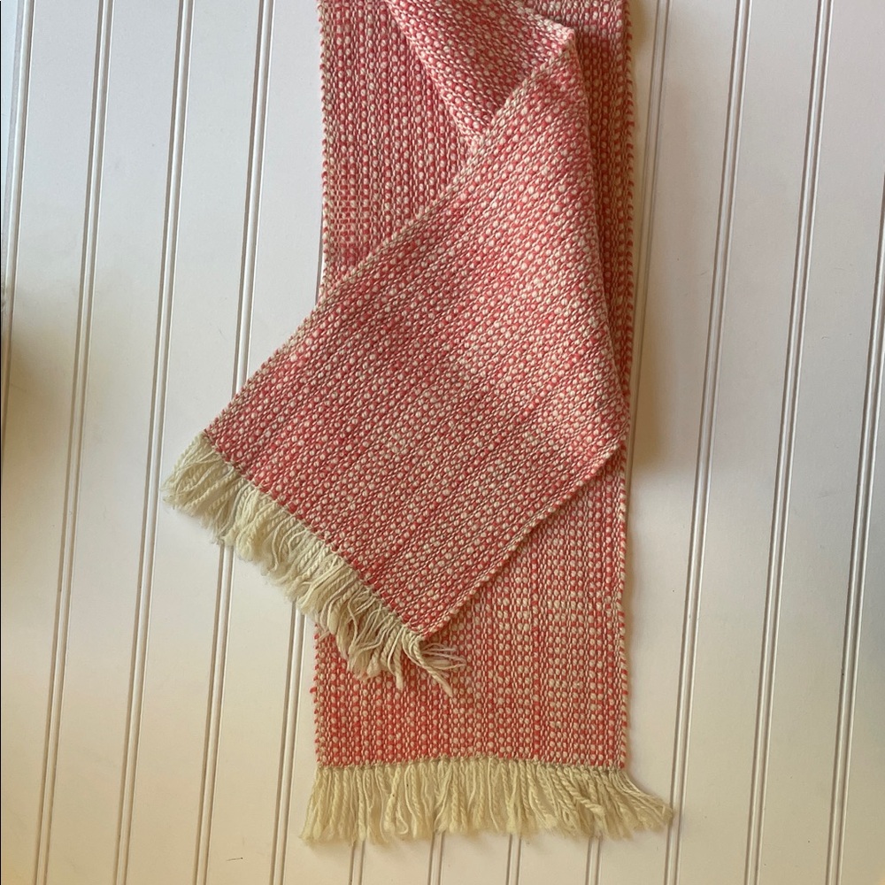 Handwoven Coral and Cream 100% Wool Scarf with Fringe